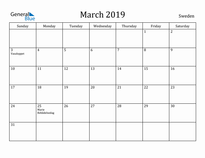 March 2019 Calendar Sweden