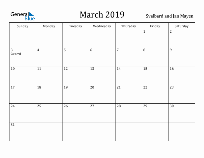 March 2019 Calendar Svalbard and Jan Mayen