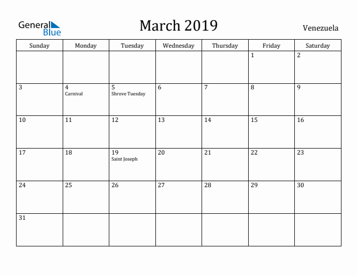 March 2019 Calendar Venezuela