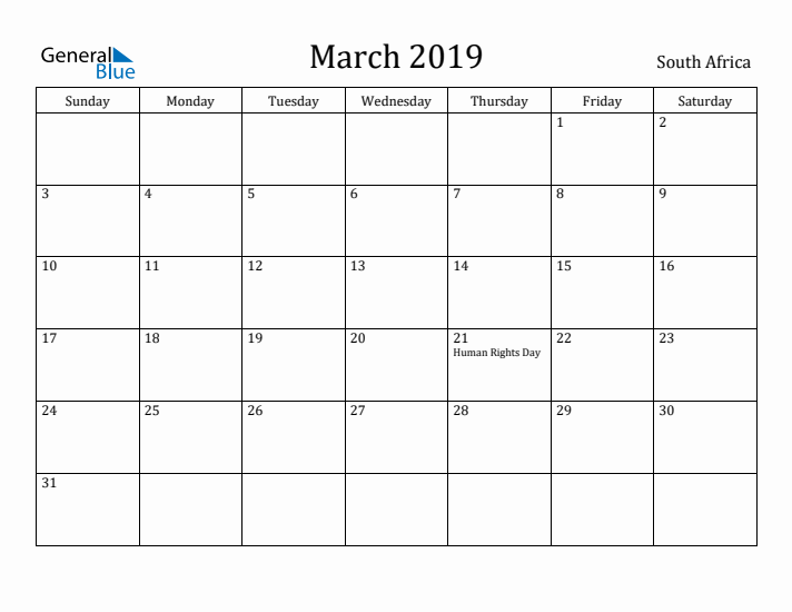 March 2019 Calendar South Africa