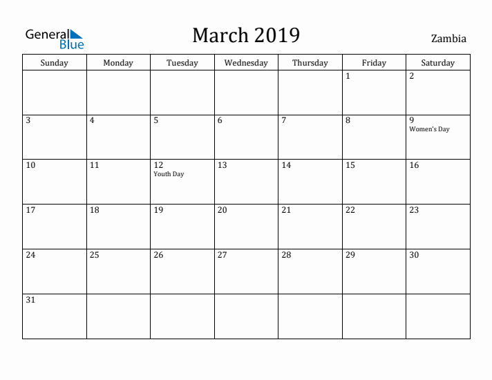 March 2019 Calendar Zambia