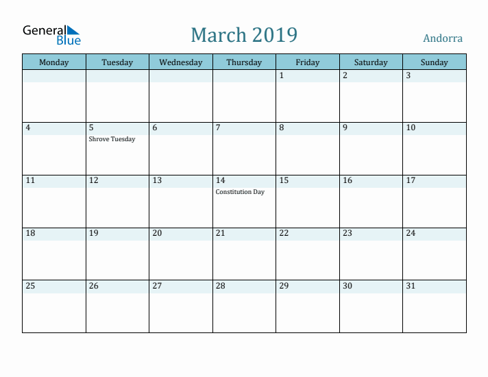 March 2019 Calendar with Holidays