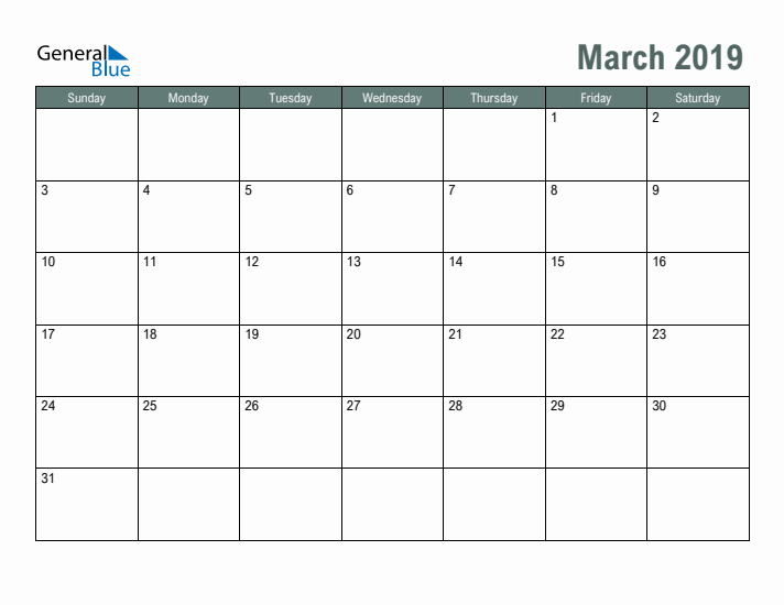 Free Printable March 2019 Calendar