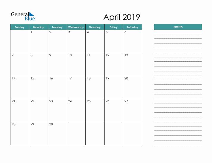 April 2019 Calendar with Notes