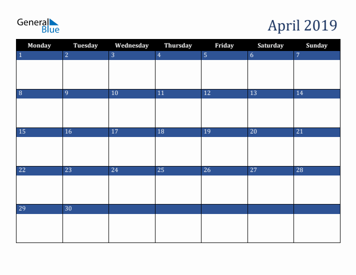 Monday Start Calendar for April 2019
