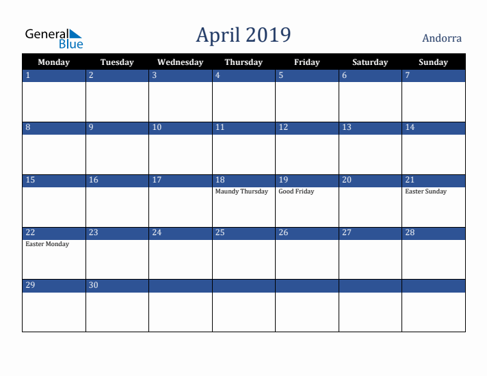 April 2019 Andorra Calendar (Monday Start)