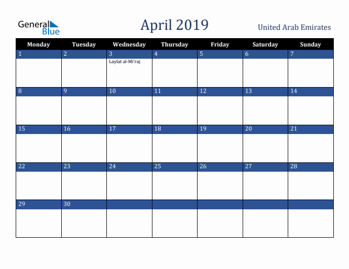April 2019 United Arab Emirates Calendar (Monday Start)
