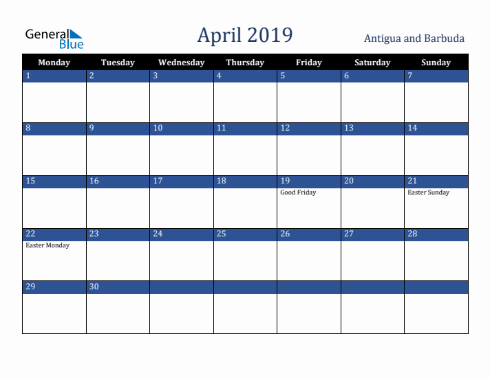 April 2019 Antigua and Barbuda Calendar (Monday Start)