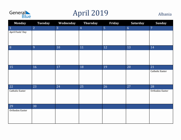 April 2019 Albania Calendar (Monday Start)
