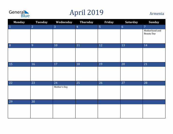 April 2019 Armenia Calendar (Monday Start)