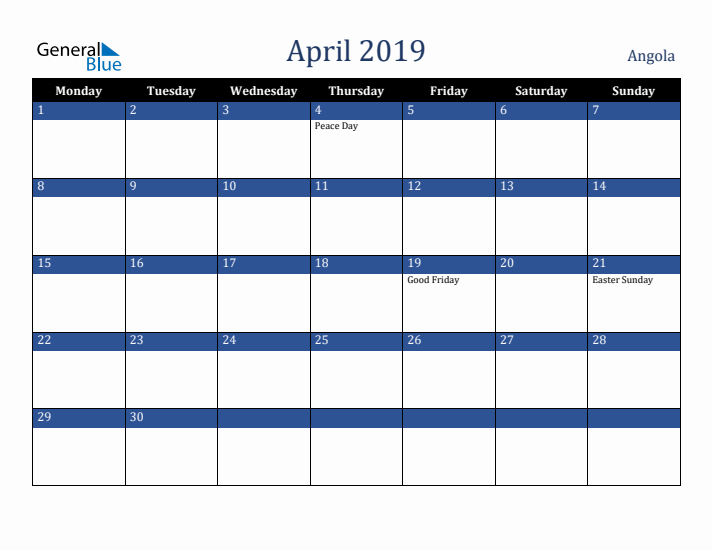 April 2019 Angola Calendar (Monday Start)
