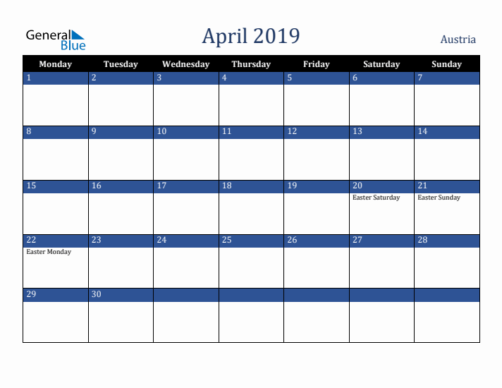April 2019 Austria Calendar (Monday Start)