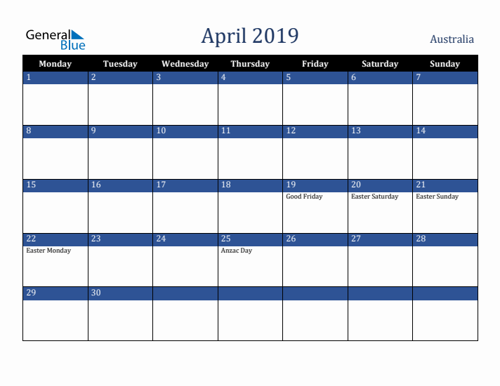 April 2019 Australia Calendar (Monday Start)