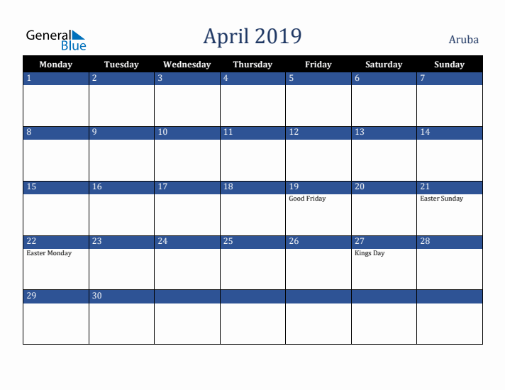 April 2019 Aruba Calendar (Monday Start)