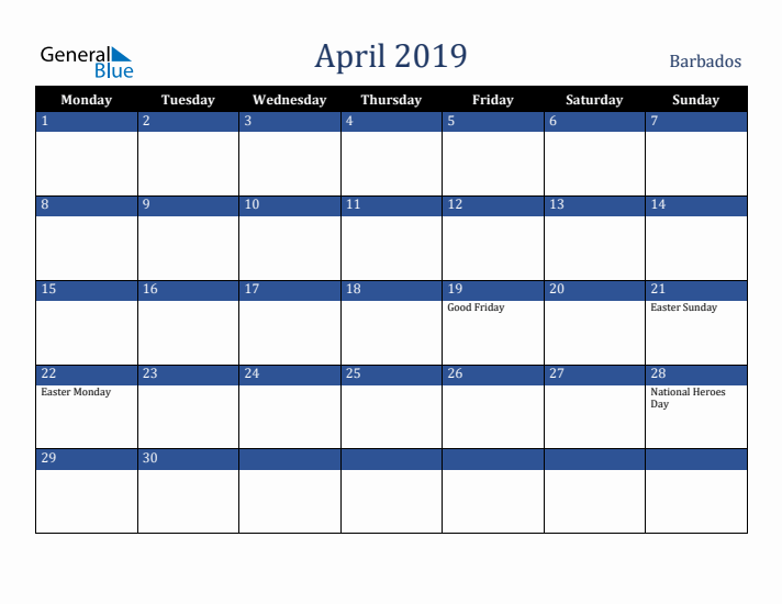 April 2019 Barbados Calendar (Monday Start)