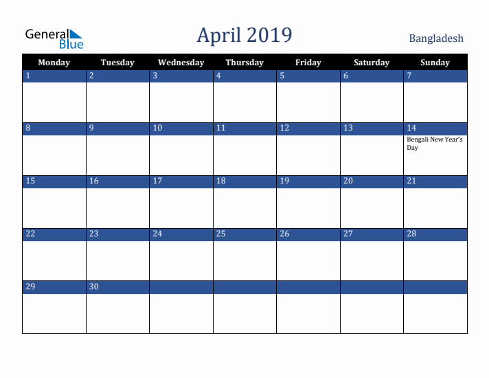 April 2019 Bangladesh Calendar (Monday Start)