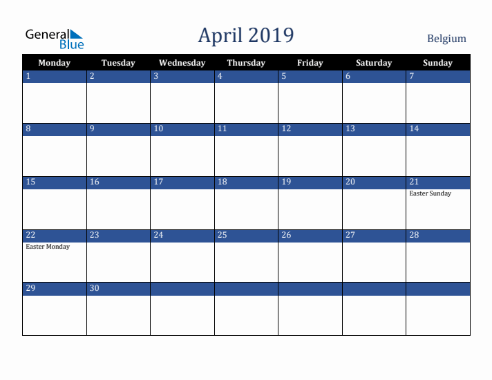 April 2019 Belgium Calendar (Monday Start)