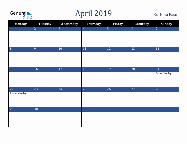 April 2019 Burkina Faso Calendar (Monday Start)