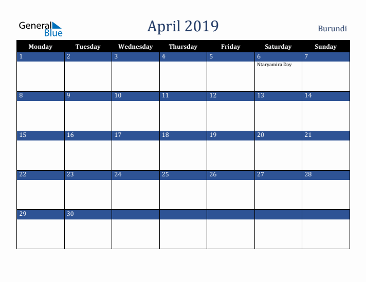 April 2019 Burundi Calendar (Monday Start)