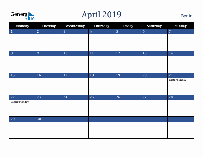 April 2019 Benin Calendar (Monday Start)