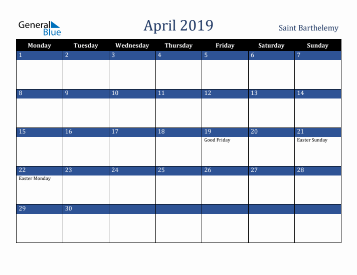April 2019 Saint Barthelemy Calendar (Monday Start)
