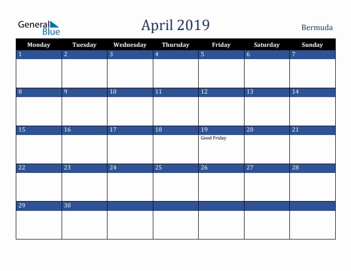 April 2019 Bermuda Calendar (Monday Start)