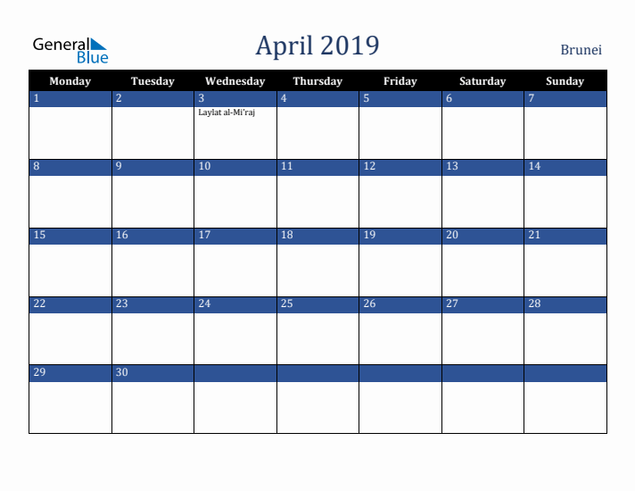 April 2019 Brunei Calendar (Monday Start)