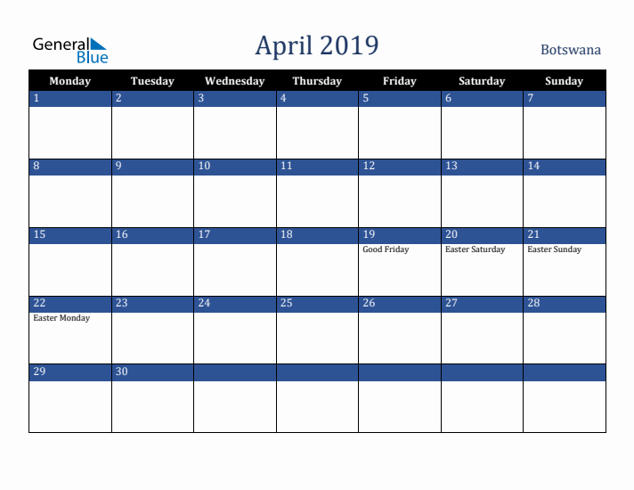 April 2019 Botswana Calendar (Monday Start)