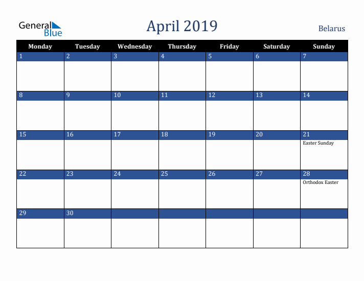 April 2019 Belarus Calendar (Monday Start)