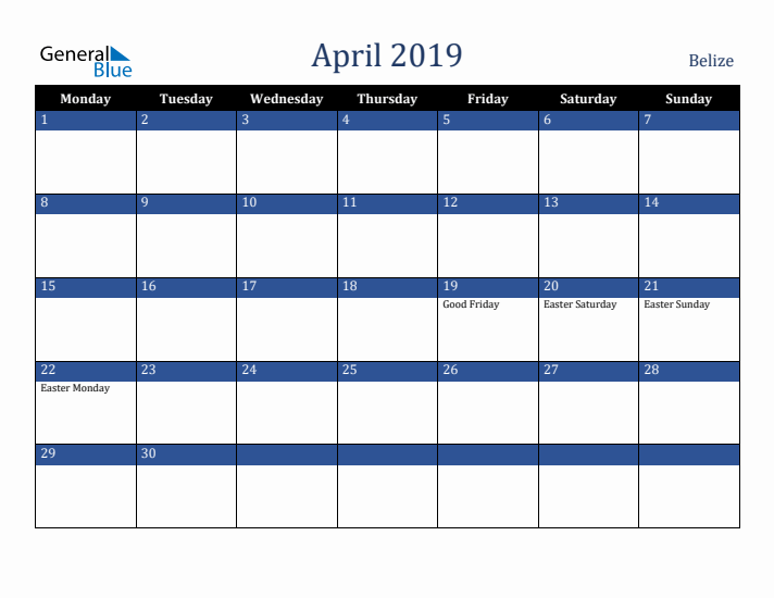 April 2019 Belize Calendar (Monday Start)