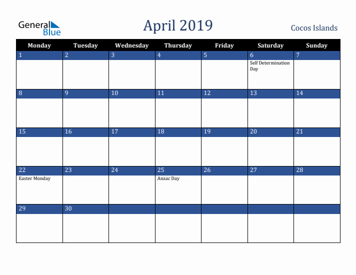 April 2019 Cocos Islands Calendar (Monday Start)