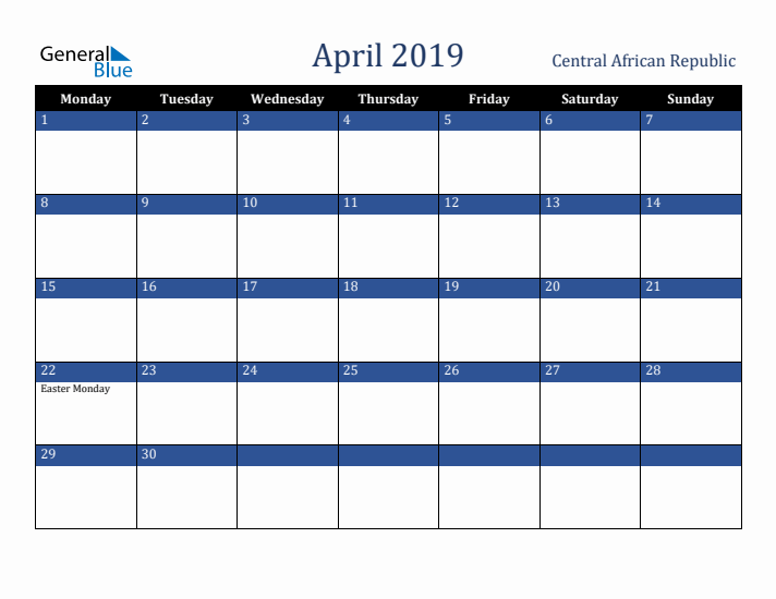 April 2019 Central African Republic Calendar (Monday Start)