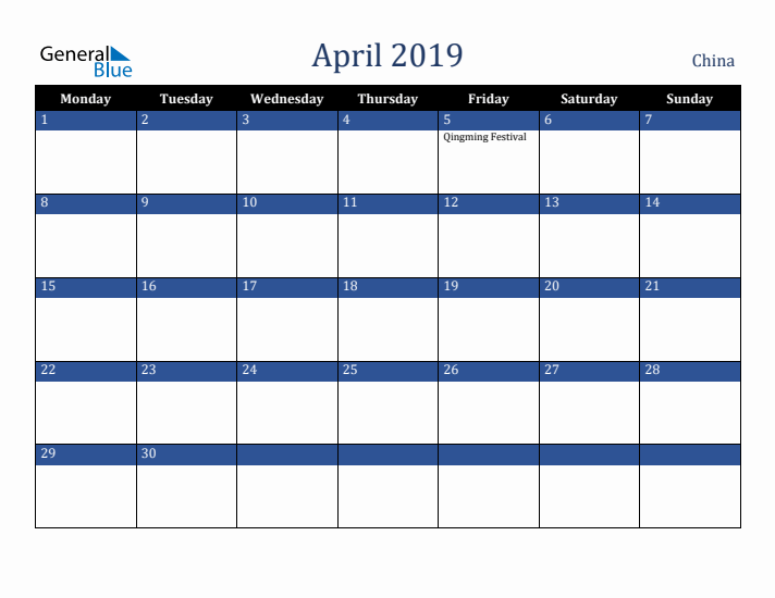 April 2019 China Calendar (Monday Start)