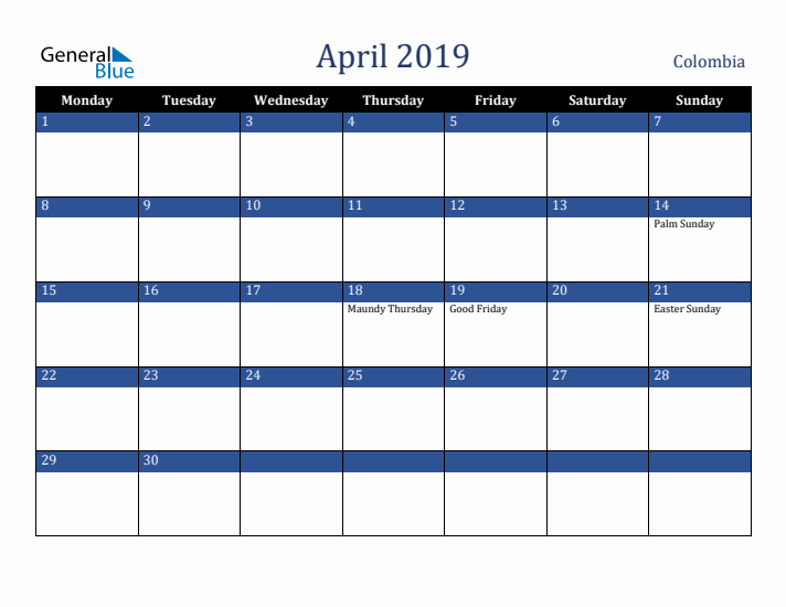 April 2019 Colombia Calendar (Monday Start)
