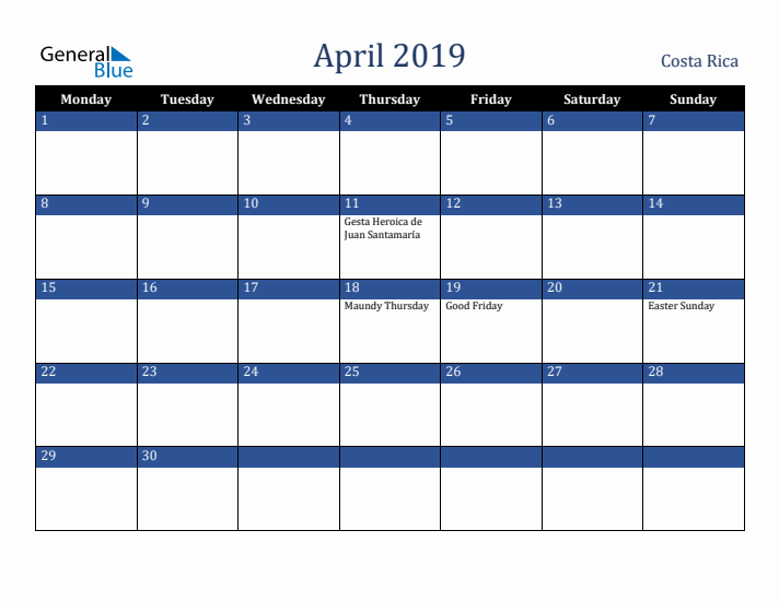 April 2019 Costa Rica Calendar (Monday Start)