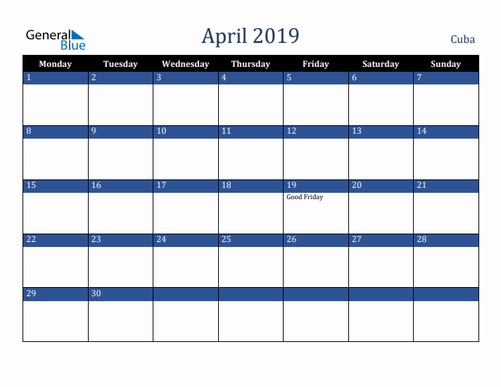 April 2019 Cuba Calendar (Monday Start)