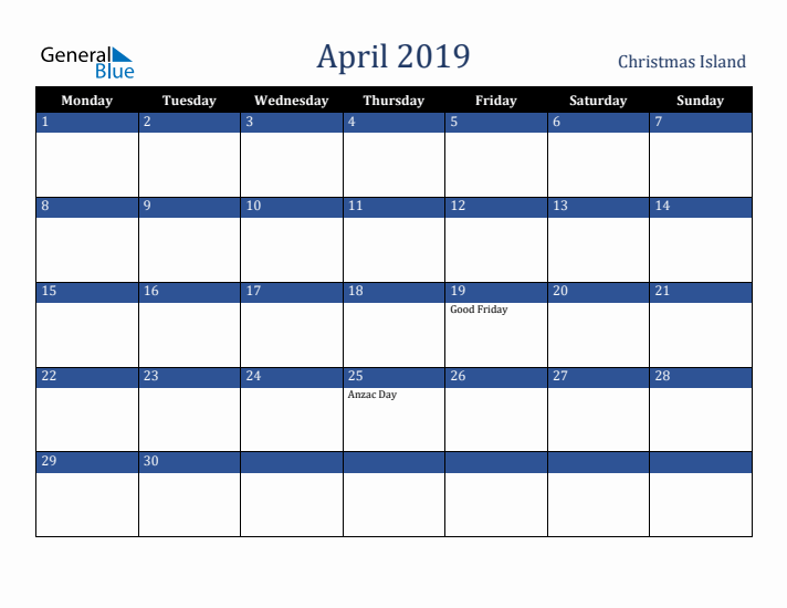 April 2019 Christmas Island Calendar (Monday Start)