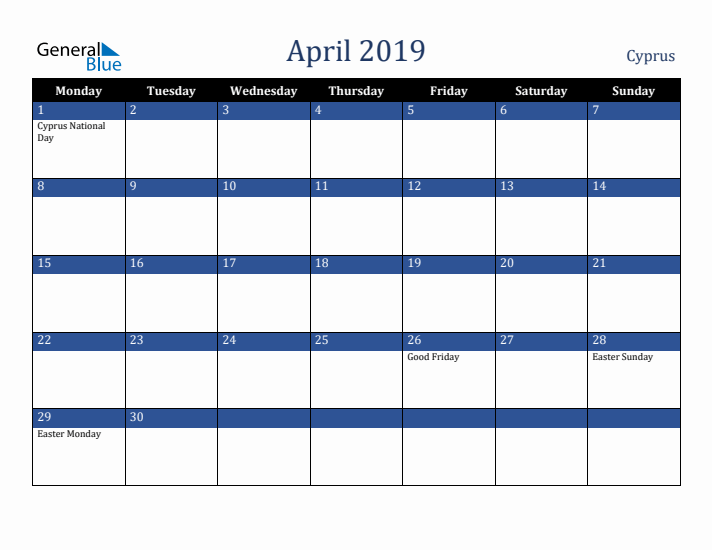 April 2019 Cyprus Calendar (Monday Start)