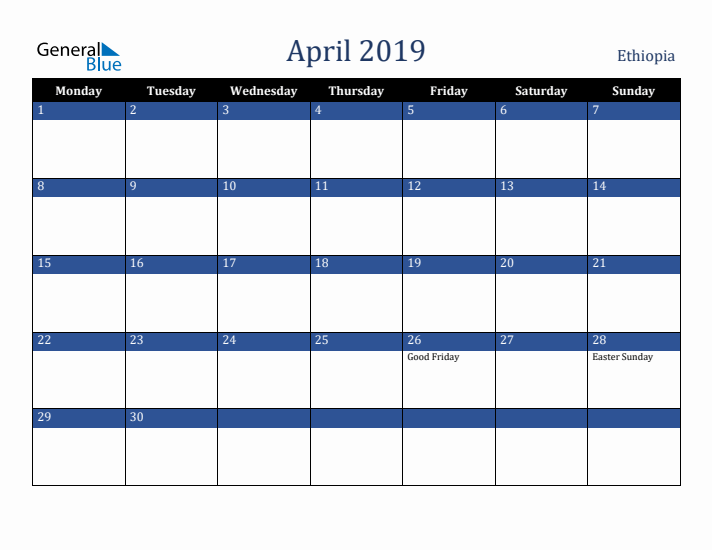 April 2019 Ethiopia Calendar (Monday Start)