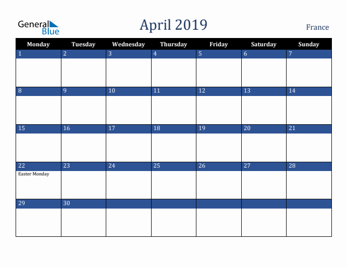 April 2019 France Calendar (Monday Start)