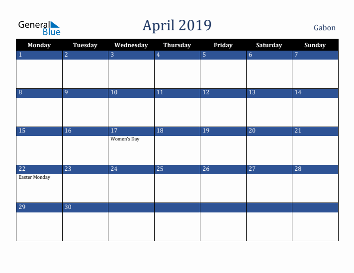 April 2019 Gabon Calendar (Monday Start)