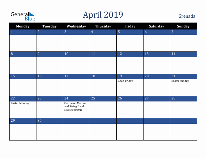 April 2019 Grenada Calendar (Monday Start)