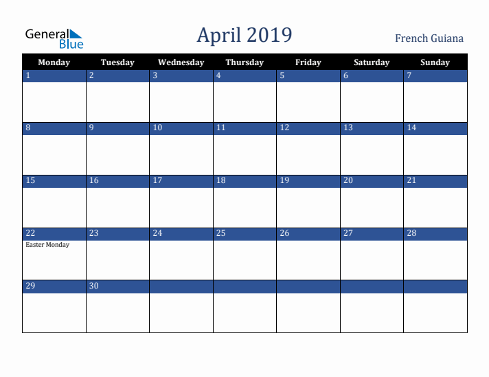 April 2019 French Guiana Calendar (Monday Start)