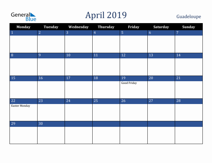 April 2019 Guadeloupe Calendar (Monday Start)