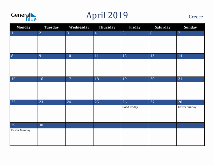 April 2019 Greece Calendar (Monday Start)