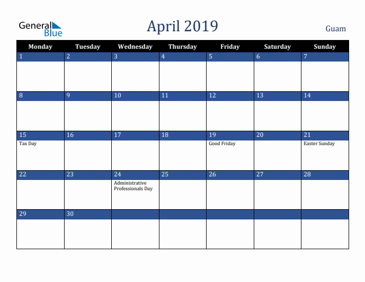 April 2019 Guam Calendar (Monday Start)