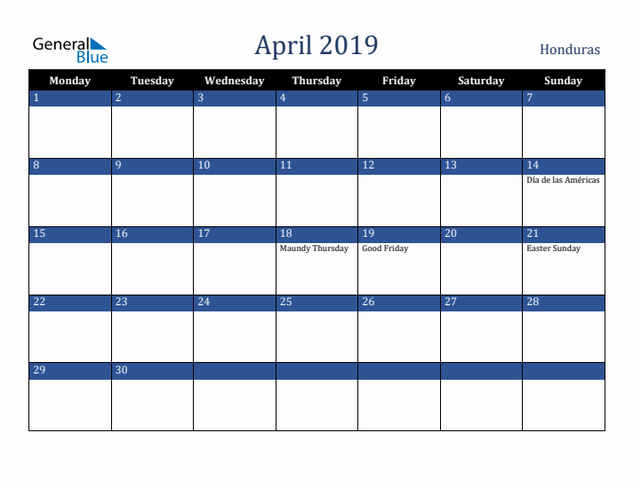 April 2019 Honduras Calendar (Monday Start)