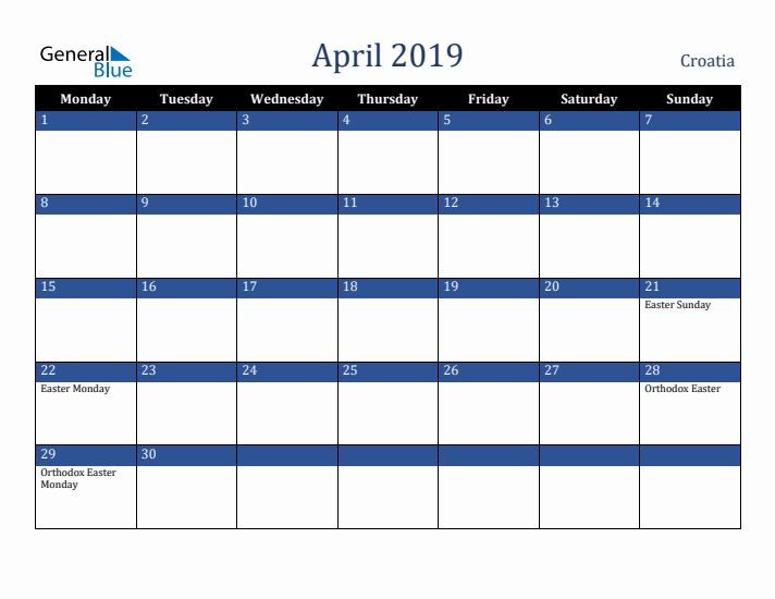 April 2019 Croatia Calendar (Monday Start)