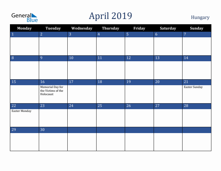 April 2019 Hungary Calendar (Monday Start)