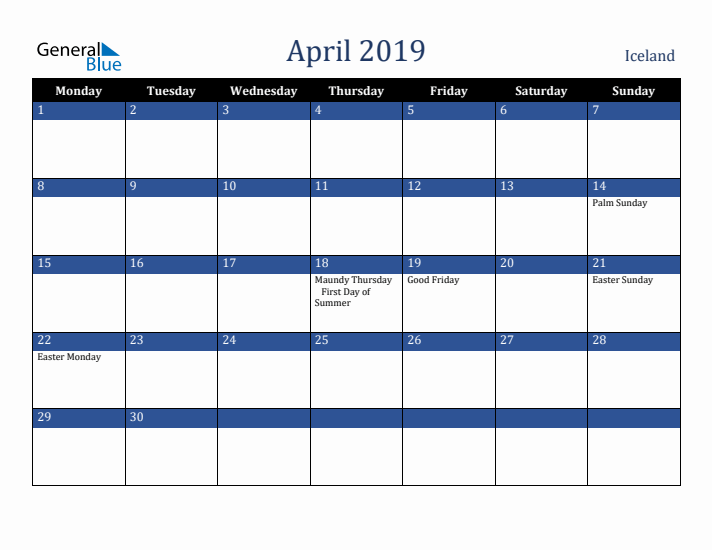 April 2019 Iceland Calendar (Monday Start)